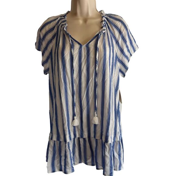 St Johns Bay NWT Blue White Striped Vneck Ruffled Boho Blouse Size Small - Picture 1 of 10